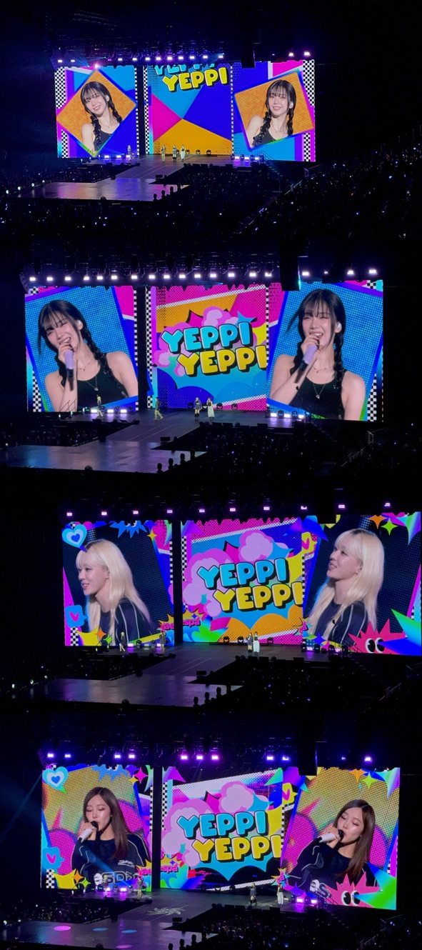 A montage of colorful screens and performer close-ups at the Aespa concert