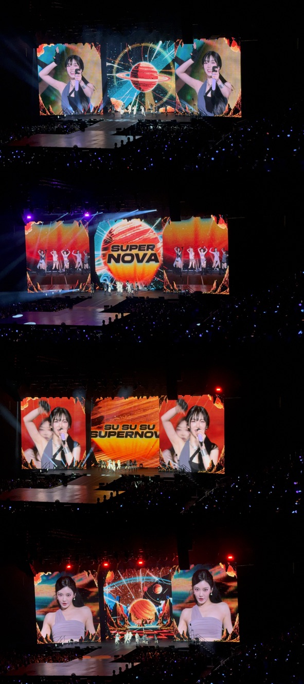 A montage of orange stage visuals and performances at the Aespa concert