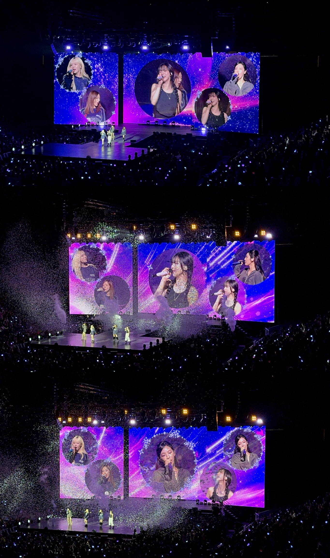 A montage of singing under purple lights at the Aespa concert